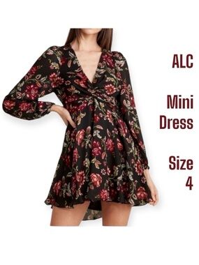 A.L.C. Annette Long Sleeve Silk Mini Dress Black Multi Color Floral Size 4